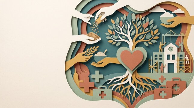 International Day of Charity concept with helping hands, food donations, healthcare, shelter and growing tree symbolizing humanitarian aid, compassion and community support