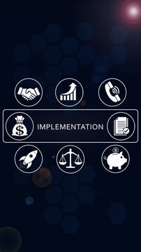 Business implementation strategy concept with animated financial and growth infographics finance