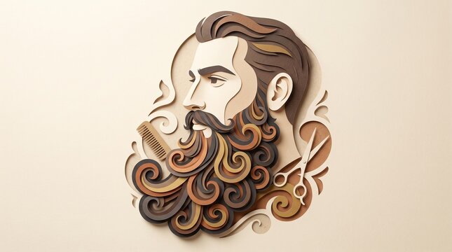 World Beard Day paper cut illustration of stylish bearded gentleman with curled facial hair, barber scissors and comb on minimalist background