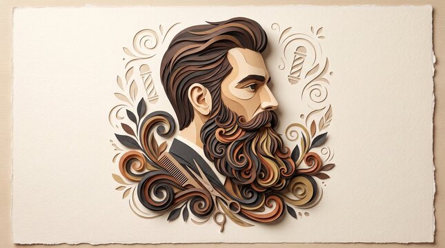 World Beard Day elegant paper cut illustration of bearded gentleman with curled mustache, barber tools and ornamental vintage floral decoration