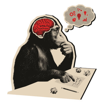 Chimpanzee thinking with a business idea thought bubble, smart monkey retro halftone data analysis illustration