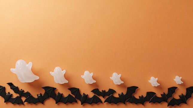 White Ghosts and Black Bats Halloween Border on a Warm Orange Background