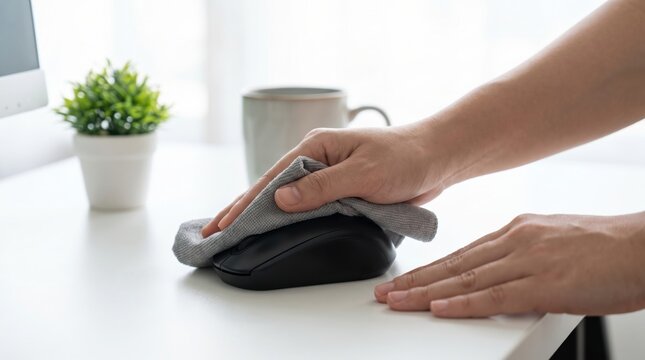 Hands wiping a black computer mouse with a grey microfiber cleaning cloth