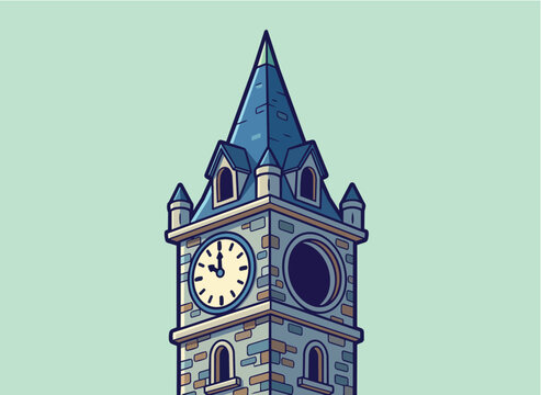 Clock Tower Illustration with Pointed Spire