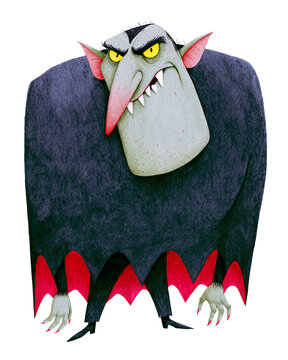 Cartoon vampire with fangs and dark cape isolated