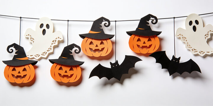 Halloween garland with paper pumpkins and ghosts. Decorative hanging ornaments including black bats and witch hats. Festive diy holiday crafts.