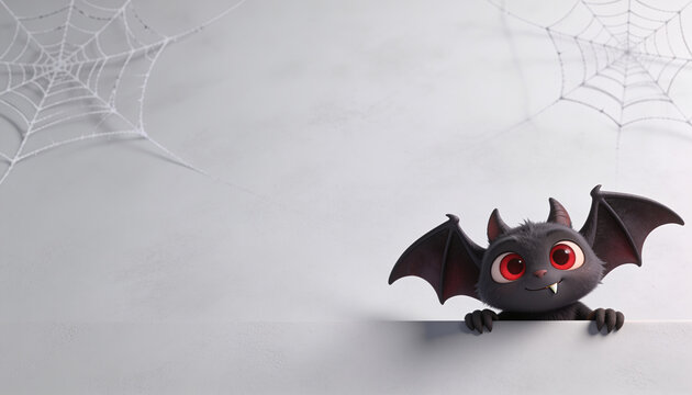 Cute Halloween bat character peeking over a white border. Little black vampire bat with red eyes and spider webs on a light gray background. Copy space.