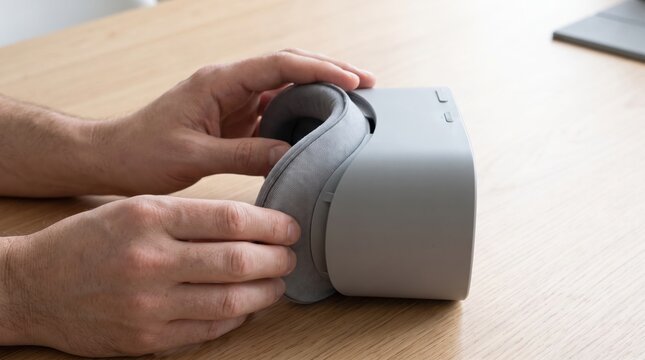 Hands carefully adjusting the fabric face cushion on a grey virtual reality headset