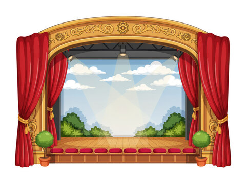 Empty theater stage with red curtains and spotlight on a sunny day with clouds Isolated on transparent background