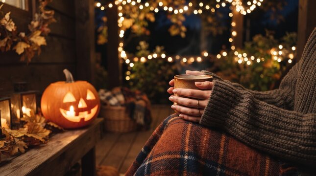 Person Holding Warm Mug with Pumpkin in Cozy Autumn Setting