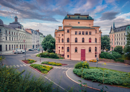 Marvelous morning scene of Performing F. X. Salda arts theater. Adorable summer cityscape of Liberec town, Czech Republic, Europe. Traveling concept background.