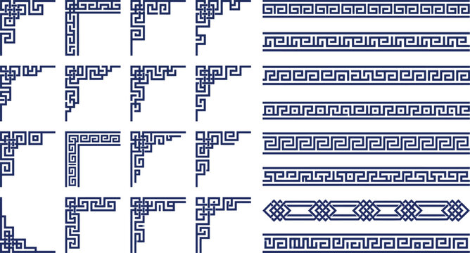 Traditional Chinese corner ornaments and border patterns vector set with geometric key-fret motifs