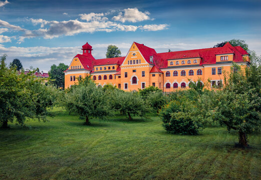 Spectacular morning view of Student housing center palace. Superb summer cityscape of Liberec  town, Czech Republic, Europe. Traveling concept background.