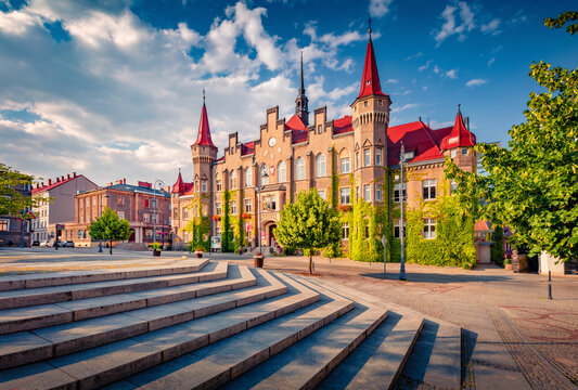 Attractive evening view of Municipal Office in Walbrzych. Impressive  summer cityscape of Walbrzych - town in Lower Silesian Voivodeship, in southwestern Poland, Europe. Traveling concept background.