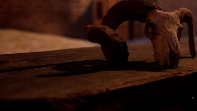 A skull rests on a wooden table in a dimly lit indoor area. The light creates a shadow on the surface. The atmosphere feels rustic and old.