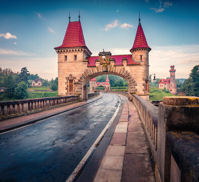 Fabulous morning view of historical landmark - Royal Forest Dam, Trutnov District, Hradec Kralove Region, Czech Republic, Europe. Stunning summer sunrise on Elbe river. Traveling concept background.