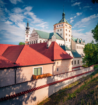 Spectacular evening view of Pardubice Castle - The East Bohemia Museum in Pardubice. Sunny summer cityscape of Pardubice town, Czech Republic, Europe. Traveling concept background.