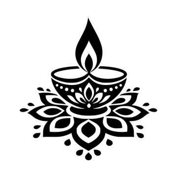 Minimalist black and white diya oil lamp silhouette illustration for Diwali festival celebration with traditional floral decorative mandala base