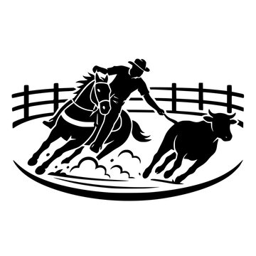 Silhueta de vaqueiro montado a cavalo conduzindo boi durante competi&ccedil;&atilde;o tradicional de vaquejada em arena