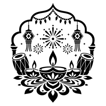 Deepavali or Diwali Festival Celebration Illustration with Diya Lamps, Dhol Drums, Hanging Lanterns, and Traditional Indian Archway Silhouette