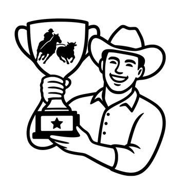 Vintage Retro Line Art Illustration of a Smiling Cowboy Holding a Large Rodeo Competition Championship Trophy Cup Award