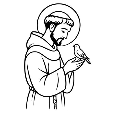 Saint Francis of Assisi Minimalist Black and White Line Art Illustration Profile Holding a Small Bird with Halo