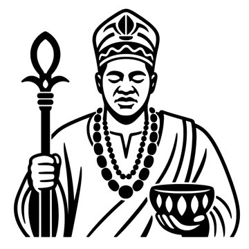 Spiritual African priest or deity illustration holding sacred staff and bowl in black and white line art style