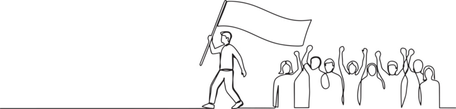 man walking with a banner in front of the crowd - one line drawing. political activist walks with a large poster behind him a silhouette of a crowd of people. One line Art icon drawing vector