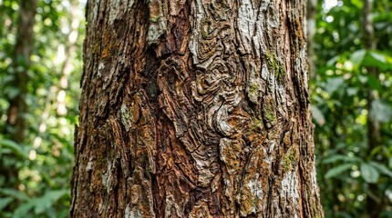 Obraz premium Closeup of rough tree trunk bark in dense forest