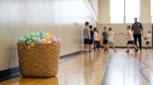 Woven basket filled with colorful PE balls in a gymnasium next to children and coach in a physical education class