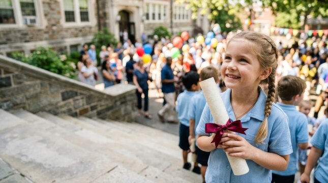 Young girl graduate smiles holding diploma on school steps during outdoor ceremony with blurred parents in background