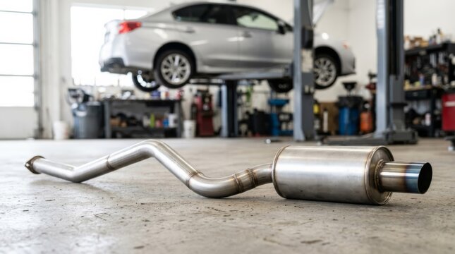 Polished stainless steel exhaust pipe and muffler removed from car, resting on clean workshop floor, car on lift in background