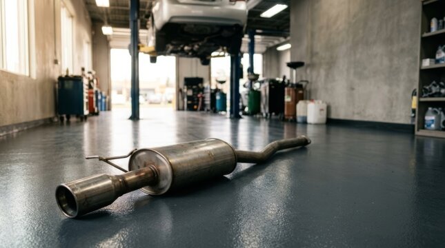 Car Exhaust Muffler on Shiny Workshop Floor with Car Lifted, Automotive Repair and Maintenance