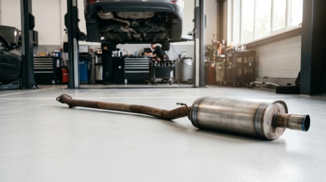 Old exhaust pipe and muffler removed from car, lying on workshop floor near auto lift, concept for car repair and maintenance