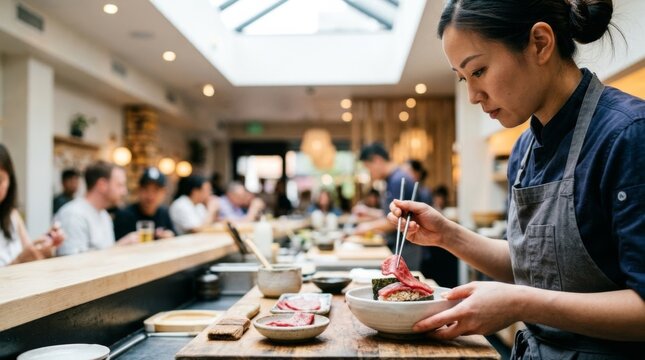 Chef preparing beef sashimi gunkan sushi in a modern sushi bar, close-up view, bright natural lighting