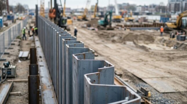 Larssen sheet piles in profile, textured steel wall construction, industrial site with heavy machinery and workers