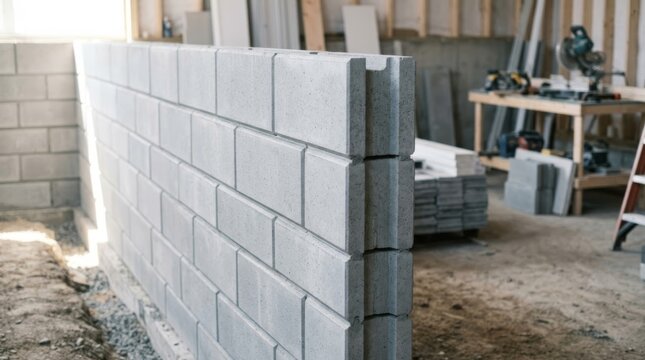 Modern concrete block wall construction in foundation pit, clean bright lighting and ample copy space for architectural design