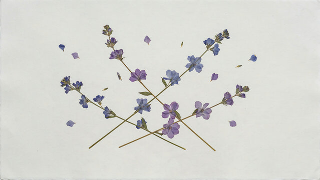 Pressed lavender flowers arranged on a vintage herbarium paper isolated on a transparent background