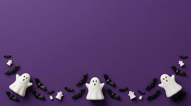 Halloween background with white ghosts and black bats on a purple surface