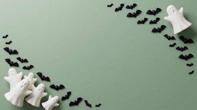 Halloween background with white ghosts and black bats on a green surface
