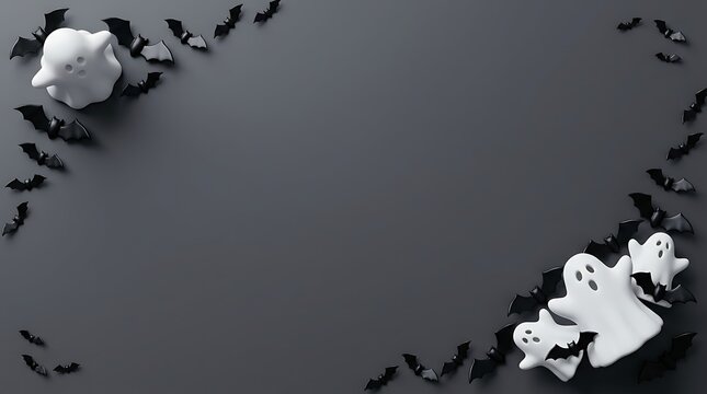 Halloween background with white ghosts and black bats on a dark gray surface