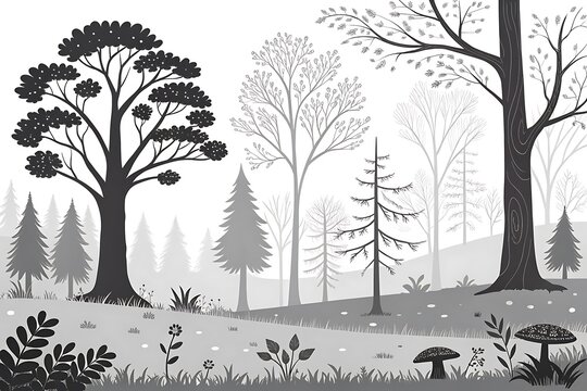 Forest scene with tall trees and mushrooms in misty woodland