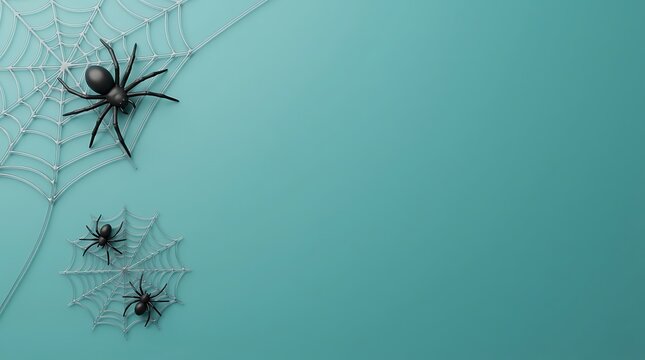 Halloween background with spider webs and black spiders on a teal surface