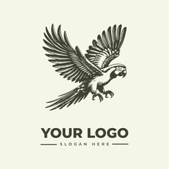 Obraz premium Vintage hand drawn illustration of a flying macaw parrot for a professional brand logo.