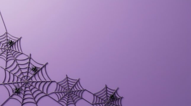 Halloween background with spider webs and spiders on a purple surface