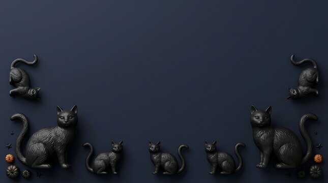Halloween background with black cats and pumpkins on a dark blue surface