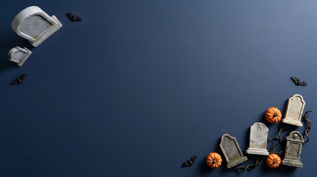 Halloween background with tombstones, pumpkins, and bats on a dark blue surface