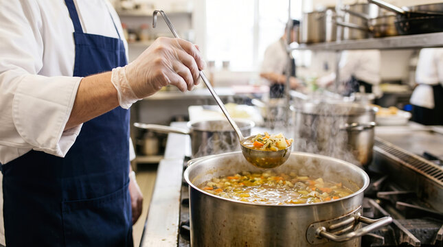 A chef stirs a pot of vegetable soup in a restaurant kitchen. Others work in the background as steam rises from the pot. It is midday and the kitchen is lively
