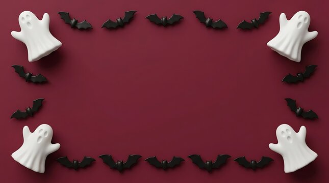 Halloween frame border with white ghost figurines and black bats on a dark red background