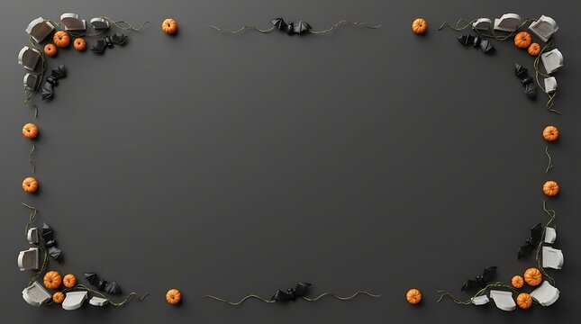 Halloween frame border with pumpkins, bats, and tombstones on a dark grey background